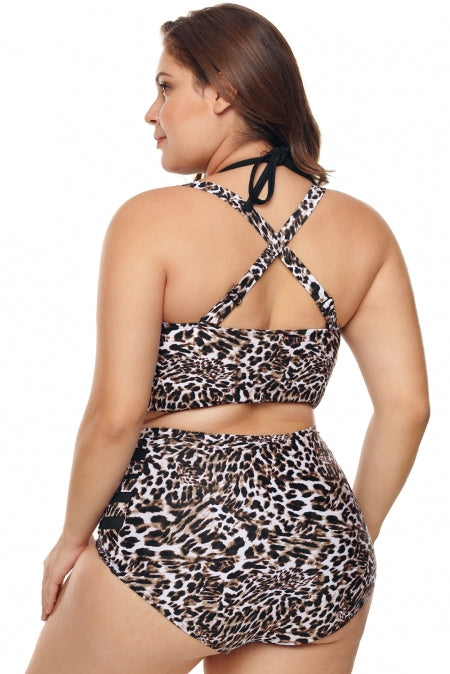 Leopard Print Plus Size Halter Push up Lattice Mesh Swim Bikini Set