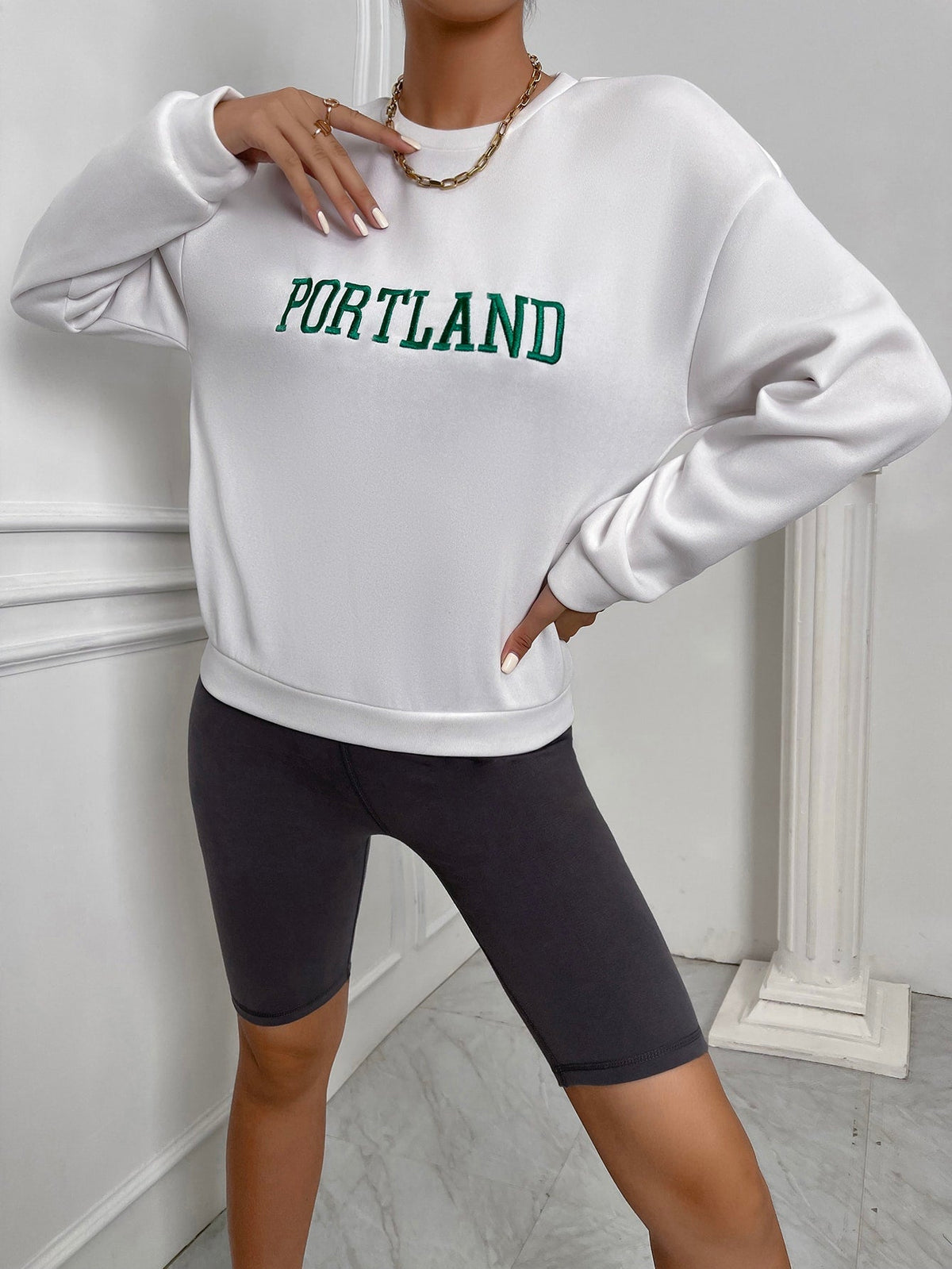 KittenAlarm - Letter Embroidery Drop Shoulder Sweatshirt