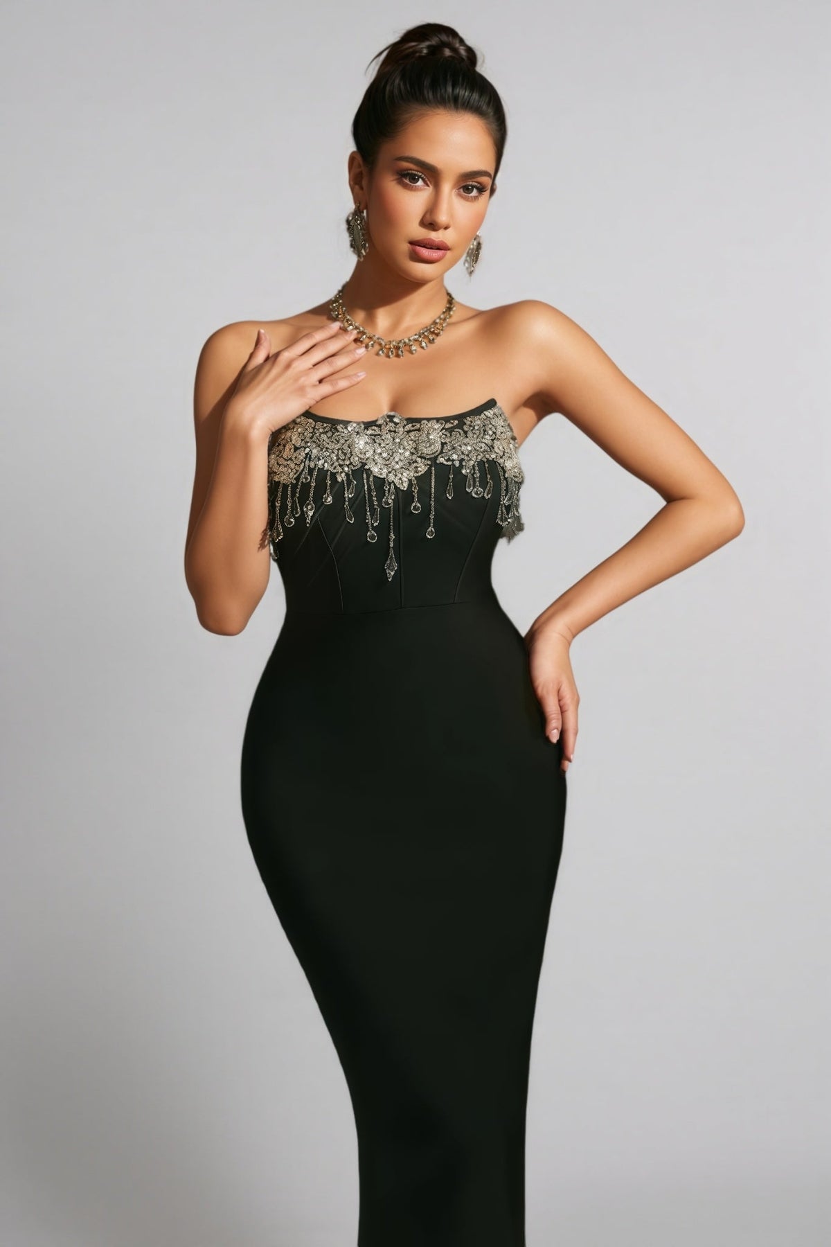 Strapless Crystal Beaded Fringe Bandage Mermaid Gown - View 2