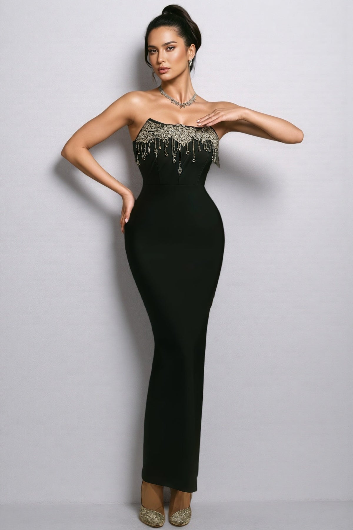 Strapless Crystal Beaded Fringe Bandage Mermaid Gown - View 3