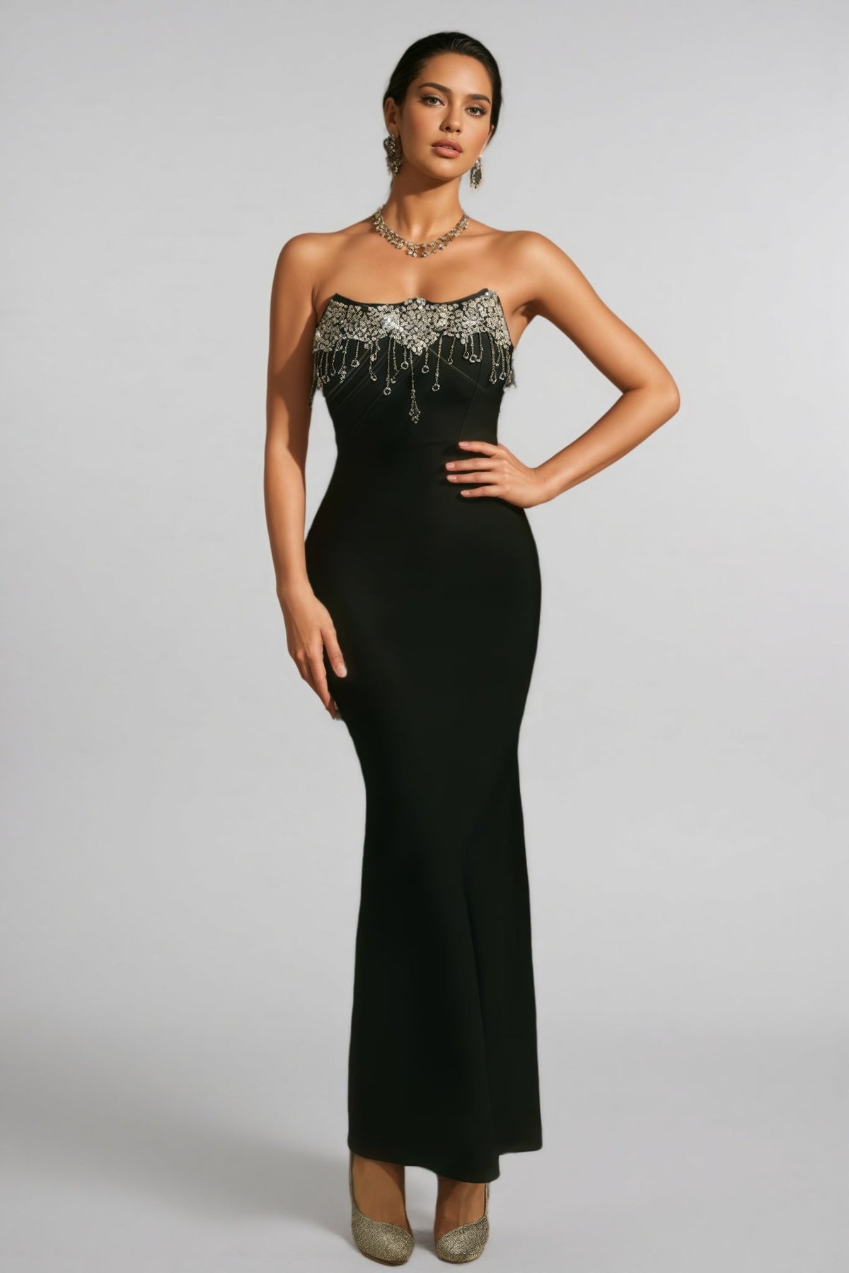 Strapless Crystal Beaded Fringe Bandage Mermaid Gown