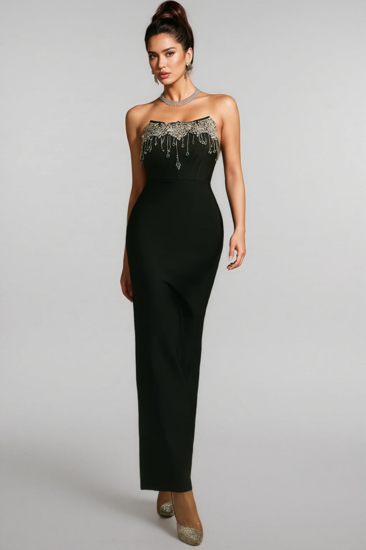 Strapless Crystal Beaded Fringe Bandage Mermaid Gown - View 5