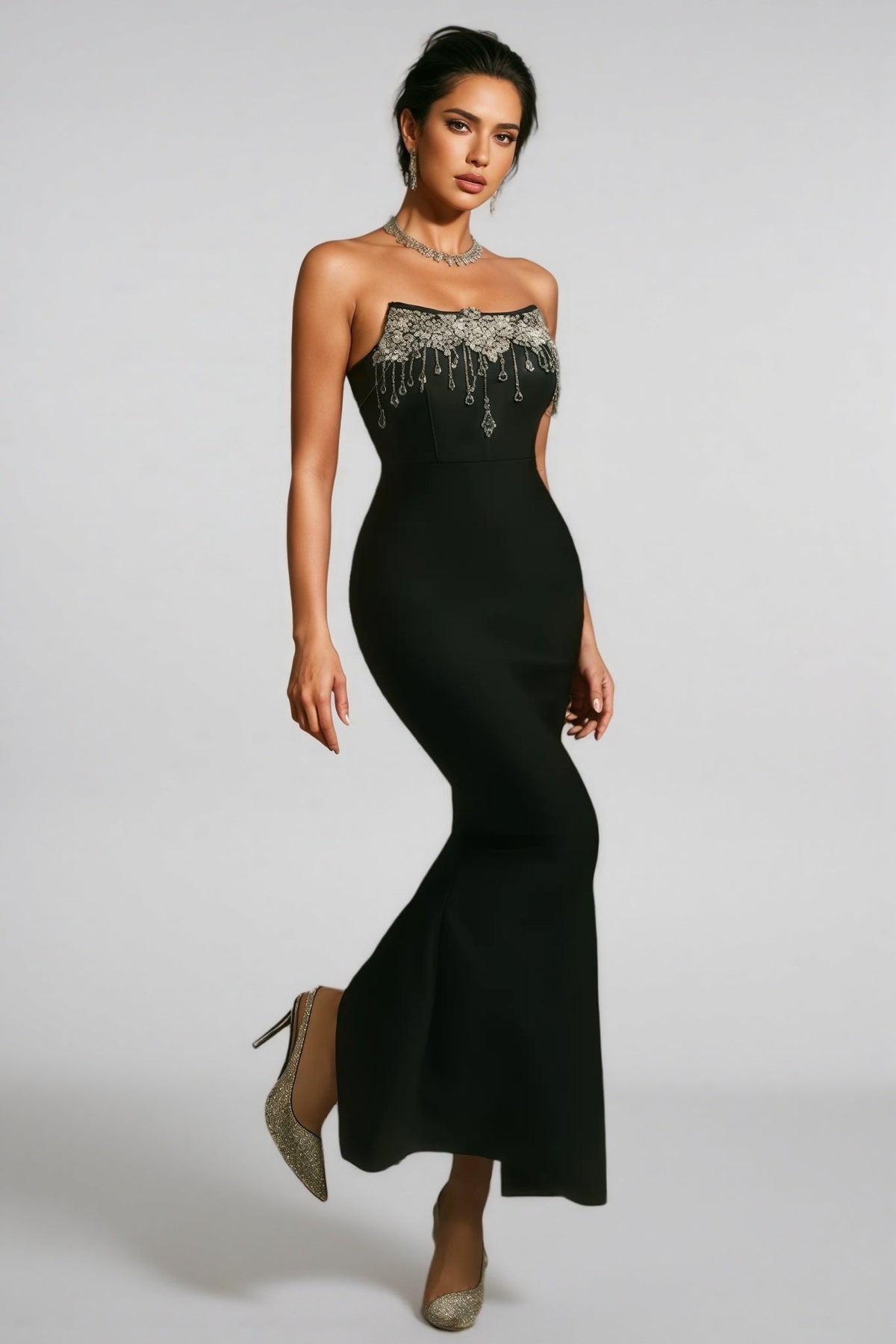 Strapless Crystal Beaded Fringe Bandage Mermaid Gown - View 4
