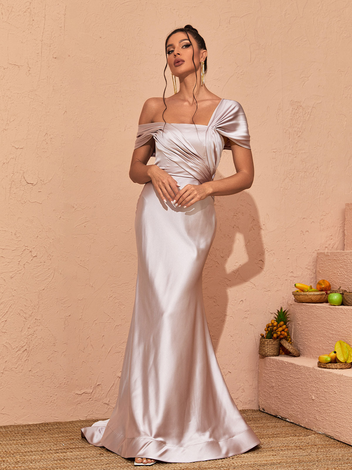 Draped Satin Off-Shoulder Ruched Fishtail Gown