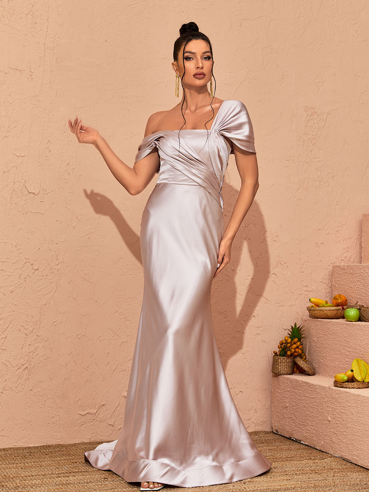 Draped Satin Off-Shoulder Ruched Fishtail Gown 3