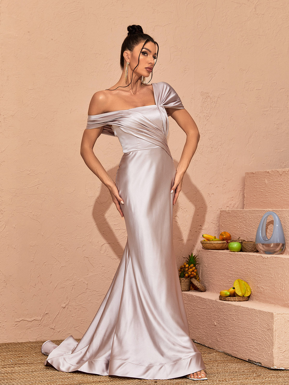 Draped Satin Off-Shoulder Ruched Fishtail Gown 2