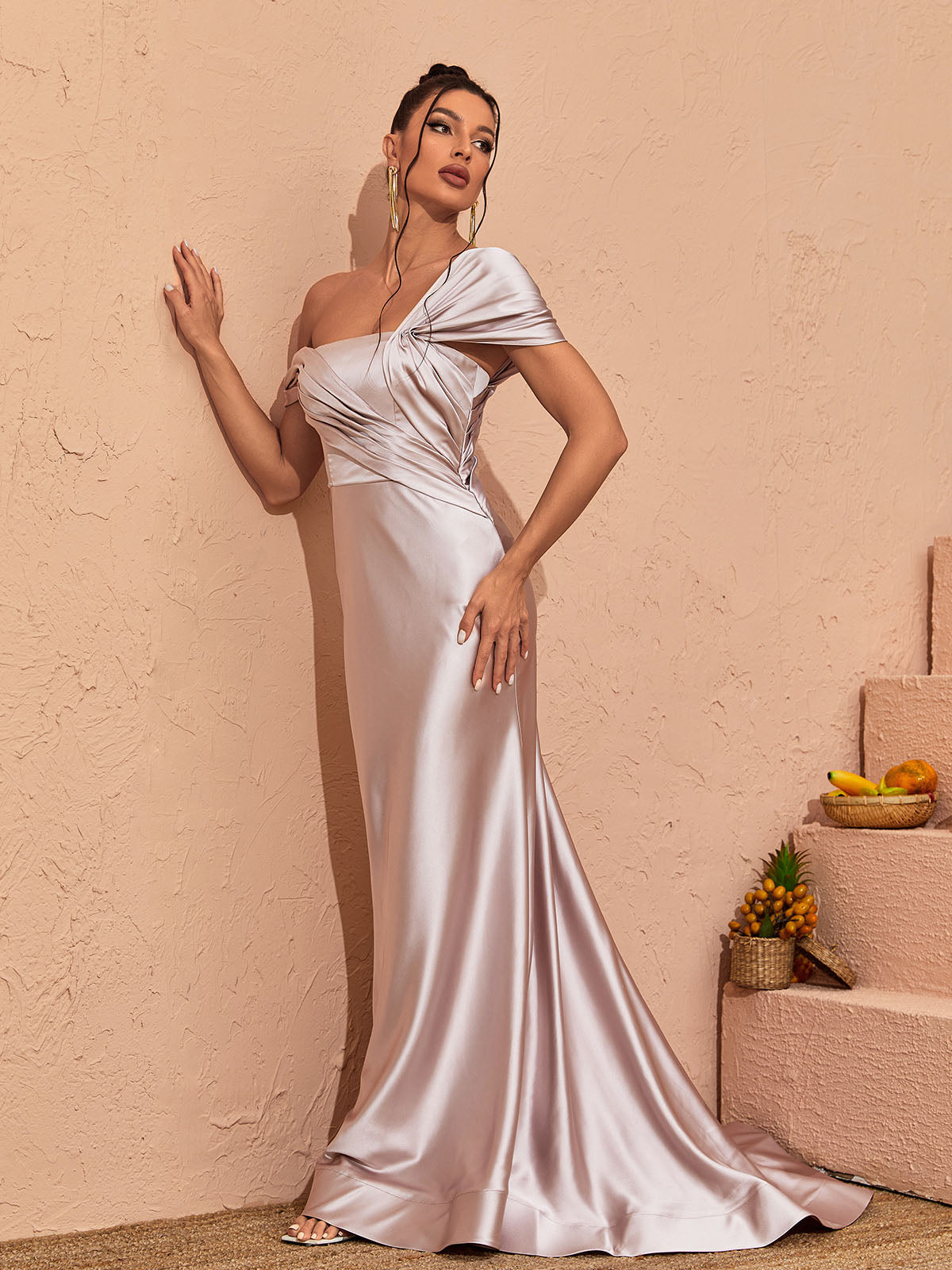 Draped Satin Off-Shoulder Ruched Fishtail Gown 4