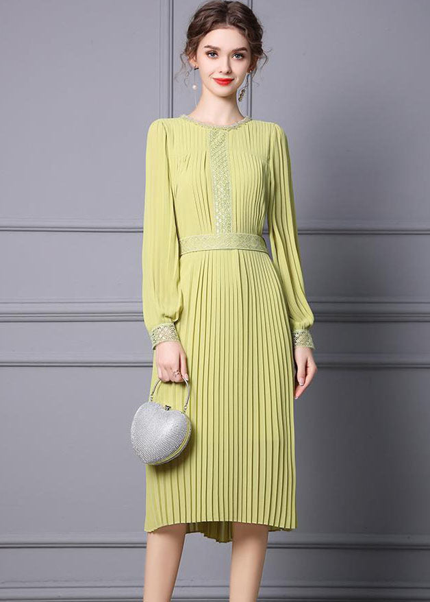 Light Green Chiffon Pleated Cinch Dress O-Neck Long Sleeve - View 2