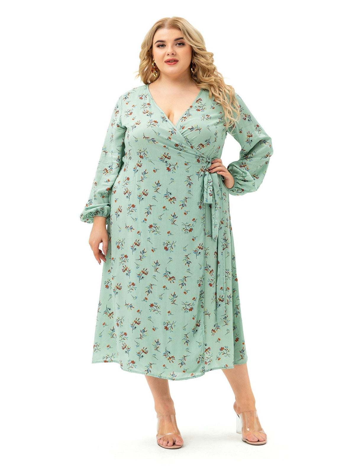 Floral Print V-Neck Long Sleeve Wrap Midi Dress
