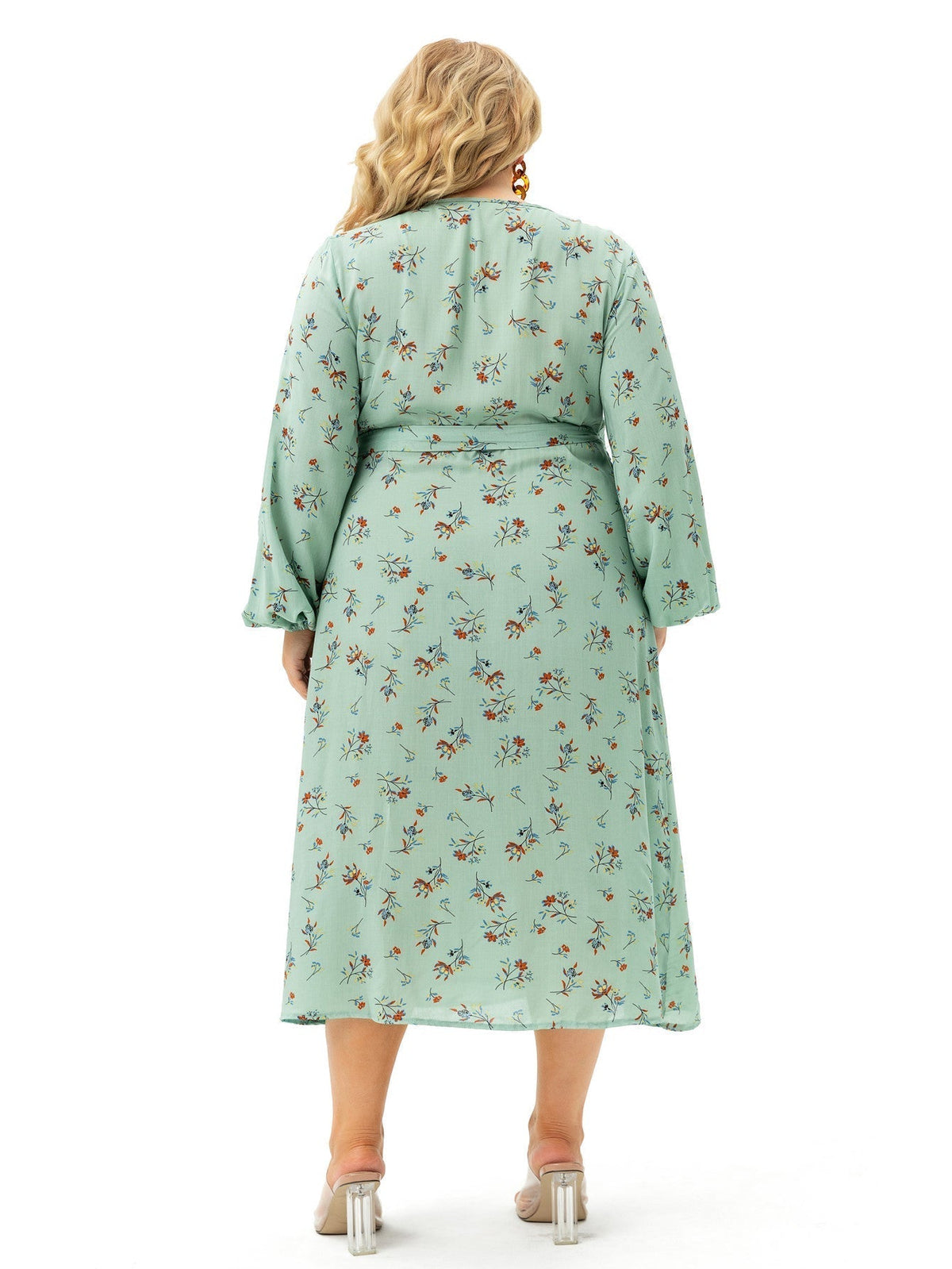 Floral Print V-Neck Long Sleeve Wrap Midi Dress