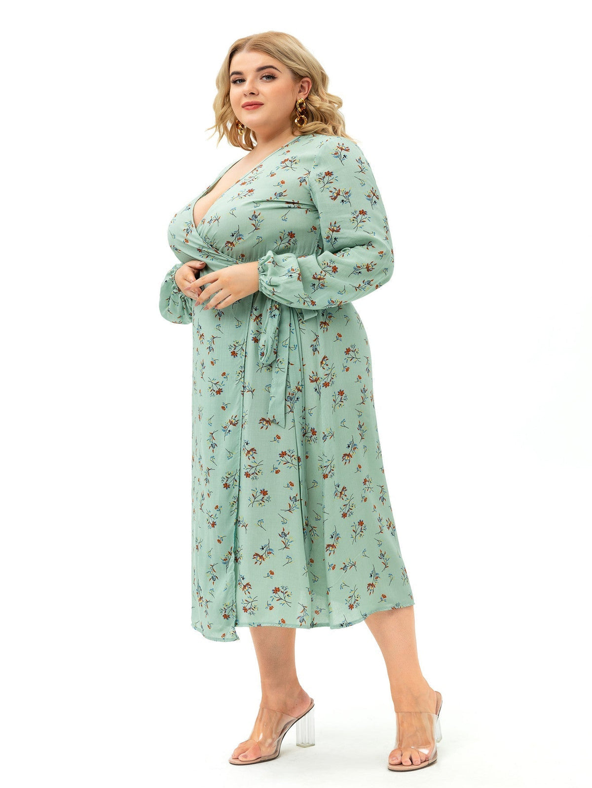 Floral Print V-Neck Long Sleeve Wrap Midi Dress