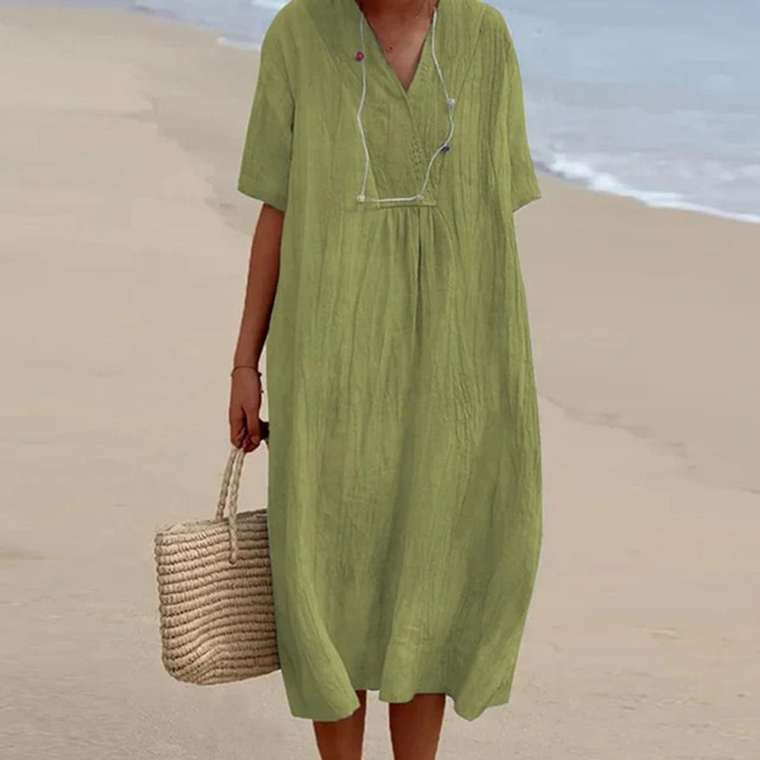 Split Neck Short Sleeve Linen Midi Dress 5