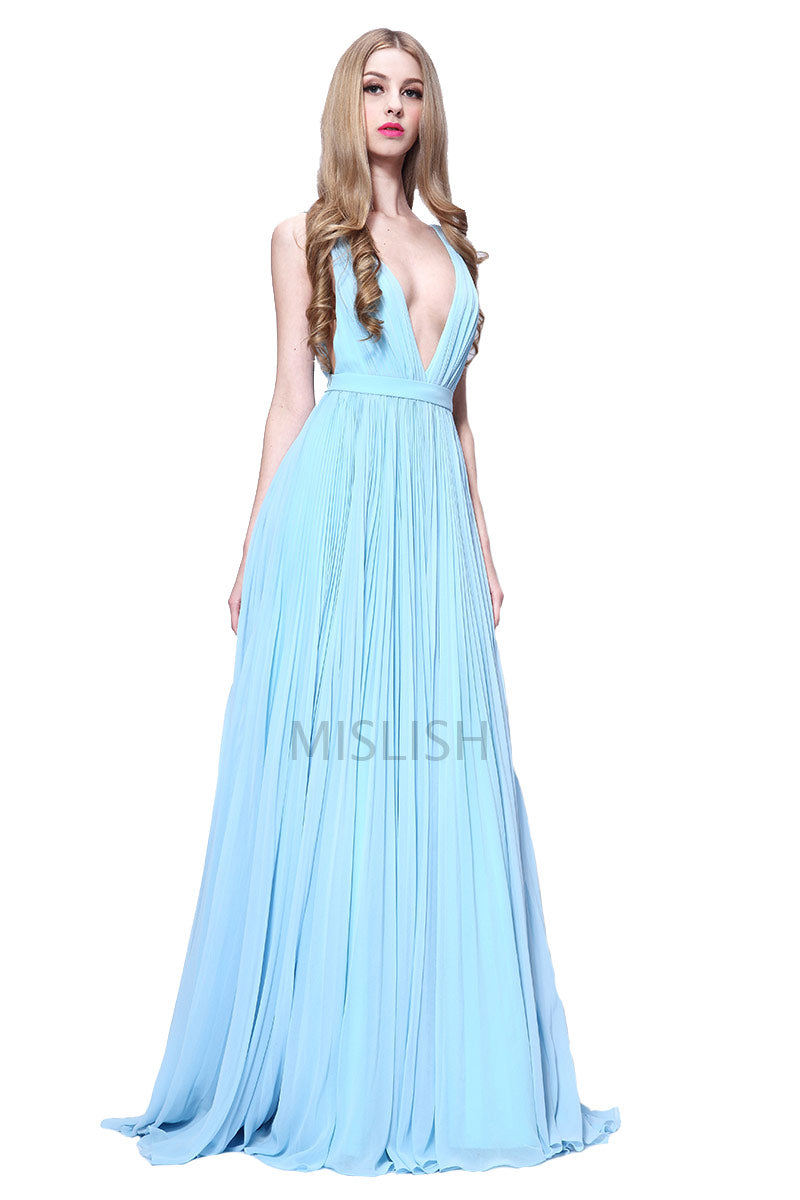 Light Sky Blue Deep V-neck Sleeveless Prom Dress