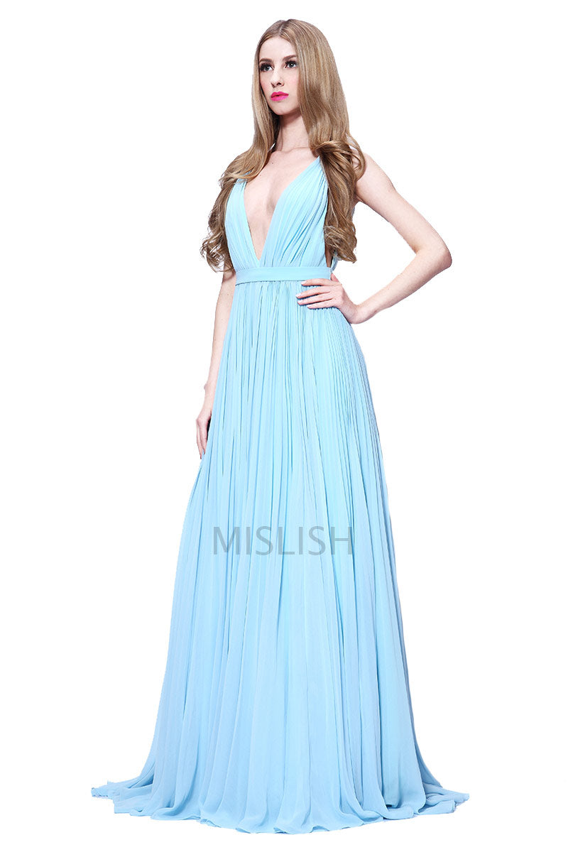 Light Sky Blue Deep V-neck Sleeveless Prom Dress