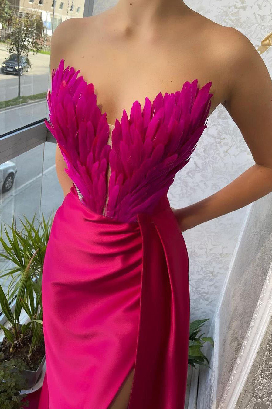 Feather Trim Strapless Sweetheart High-Slit Satin Maxi Gown 3