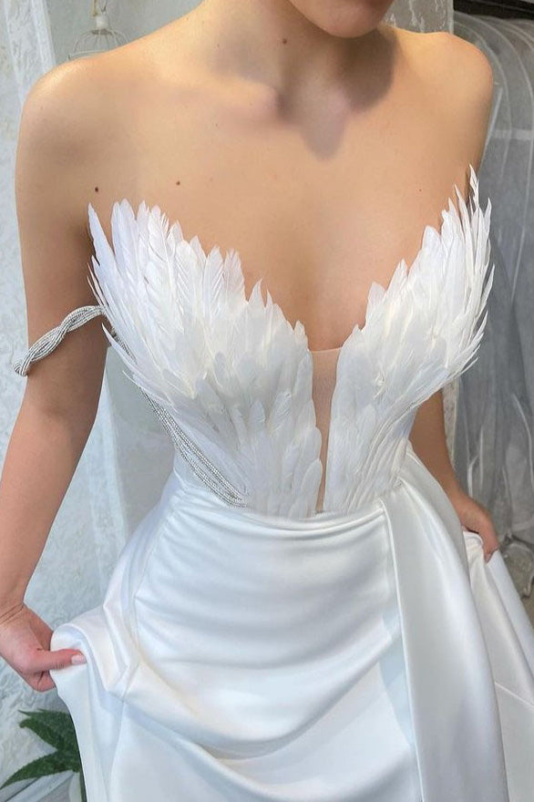 Feather Trim Strapless Sweetheart High-Slit Satin Maxi Gown 4