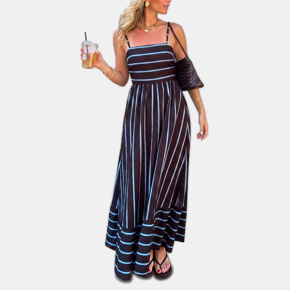 Striped Square Neck Spaghetti Strap Maxi Dress 4