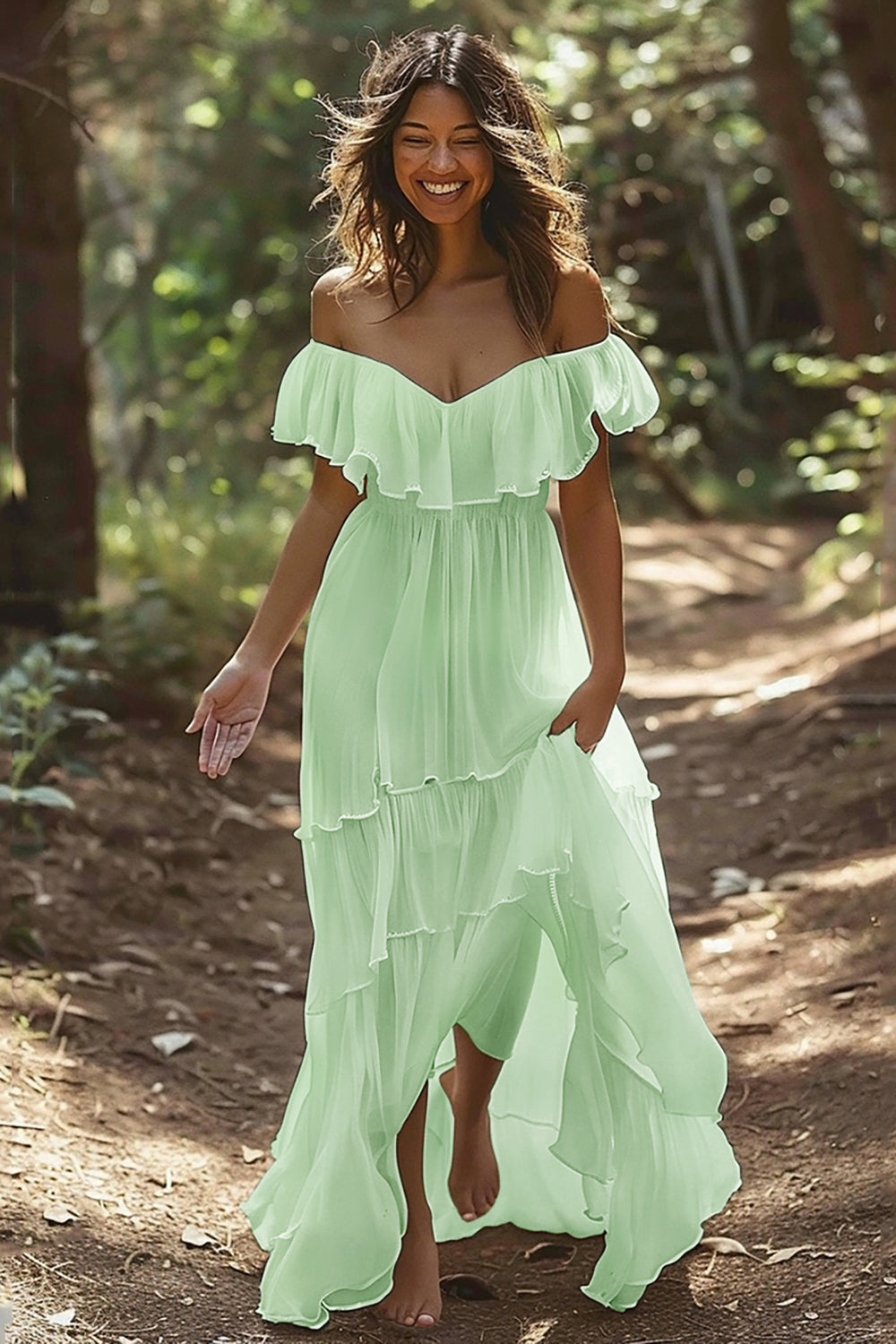 White Chiffon Off the Shoulder Tiered Boho Sweep Train Wedding Dress