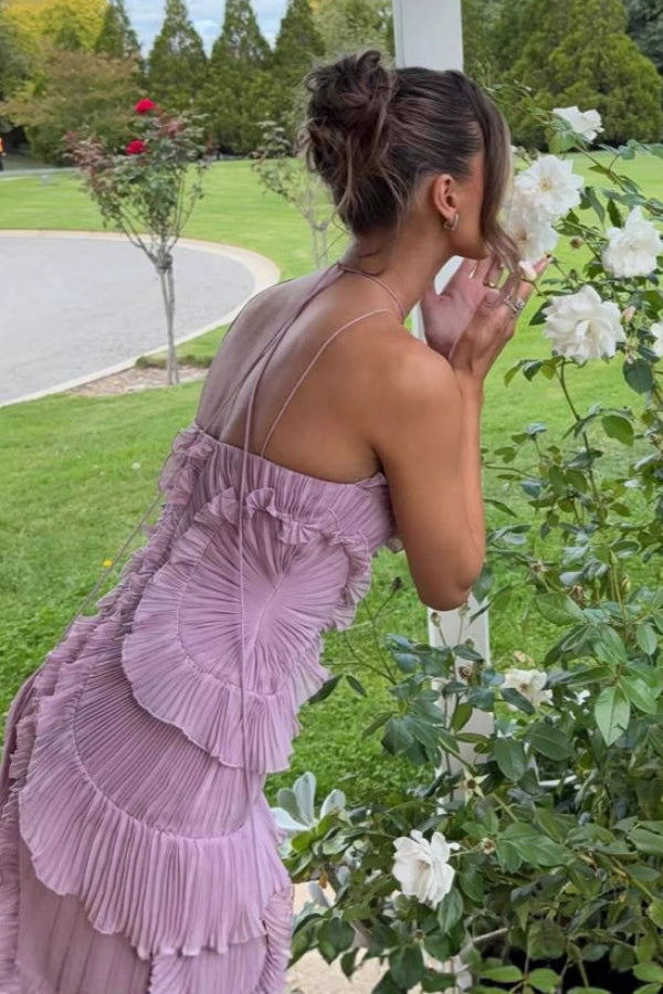 Pleated Halter Neck Ruffle Tiered High Slit Maxi Dress