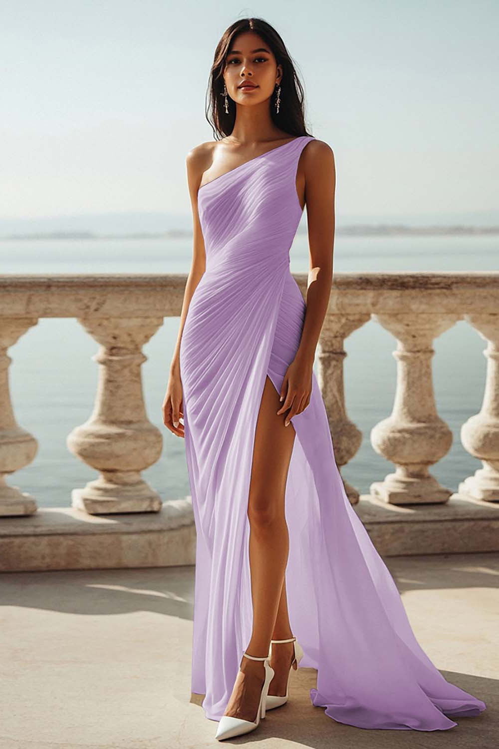 Ivory Ruched One Shoulder Beach Maxi Rehearsal Dinner Dress with Slit