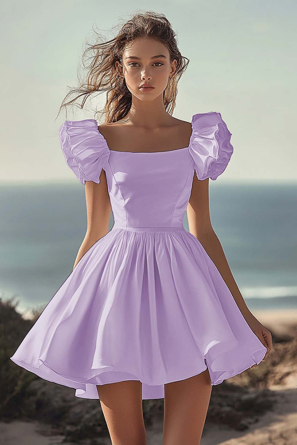 White Satin Mini A Line Graduation Dress with Ruffles