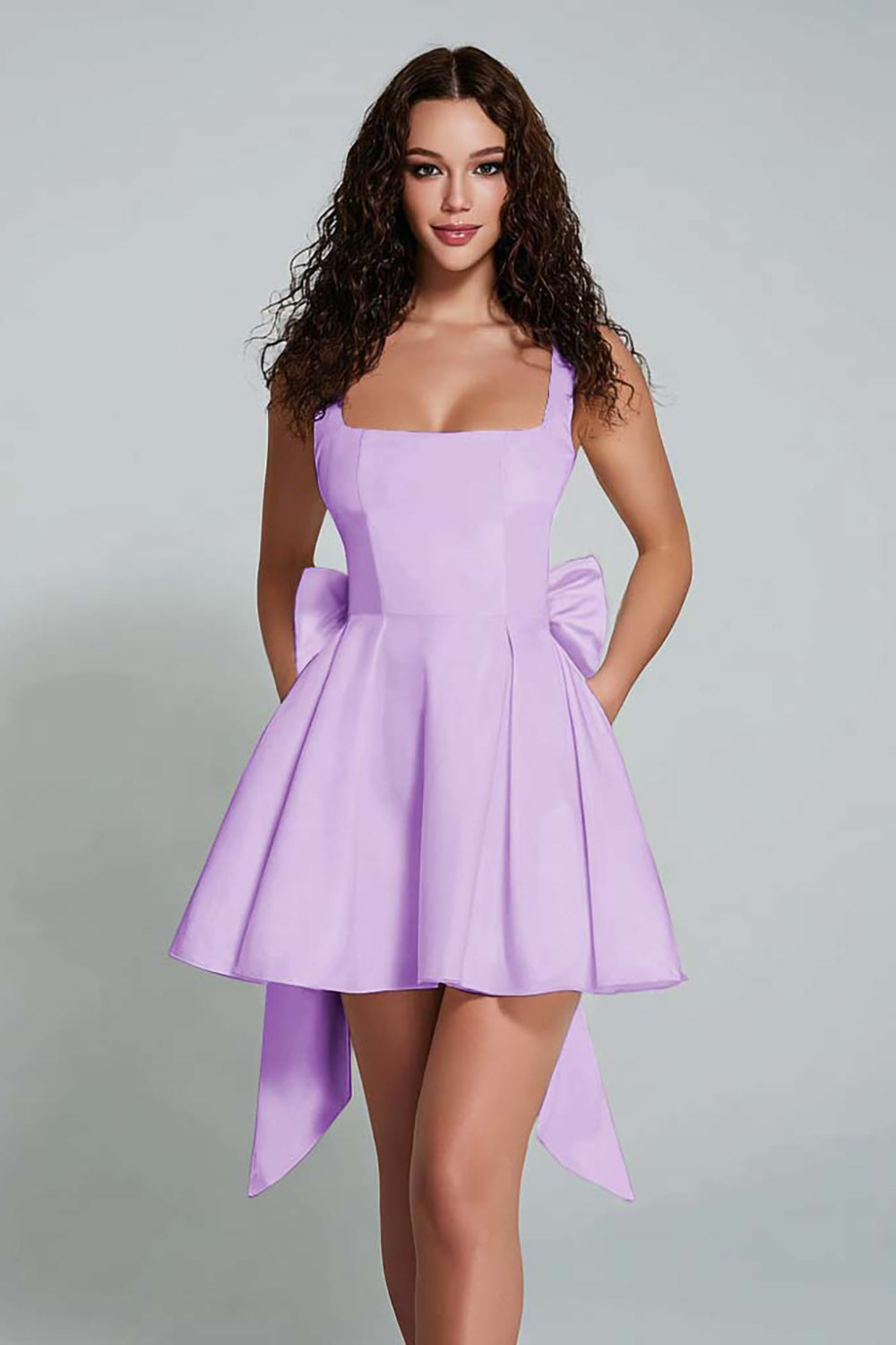Ivory A Line Square Neck Short Homecoming Dress with Bow