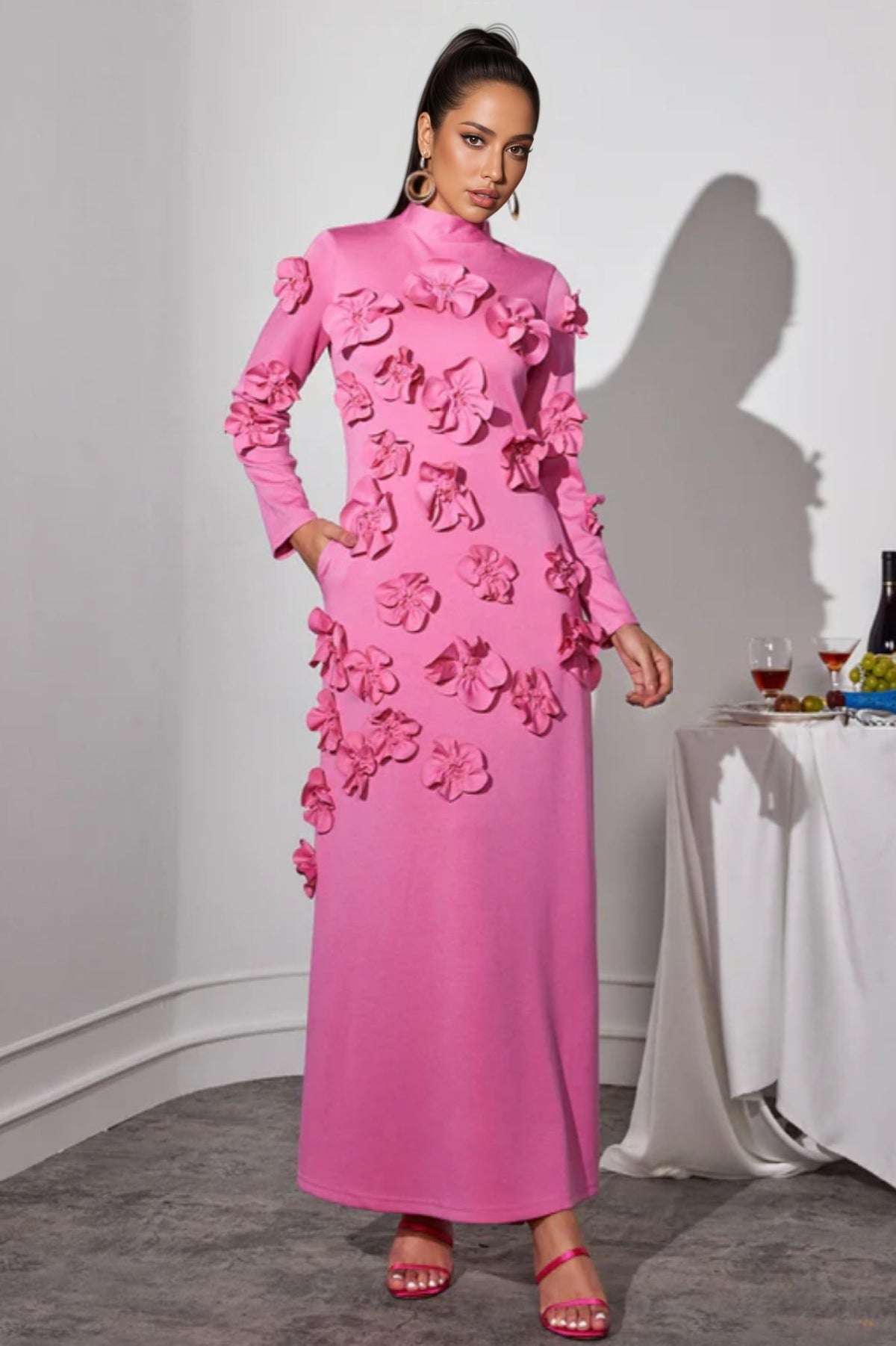 3D Floral High Neck Long Sleeve Maxi Dress