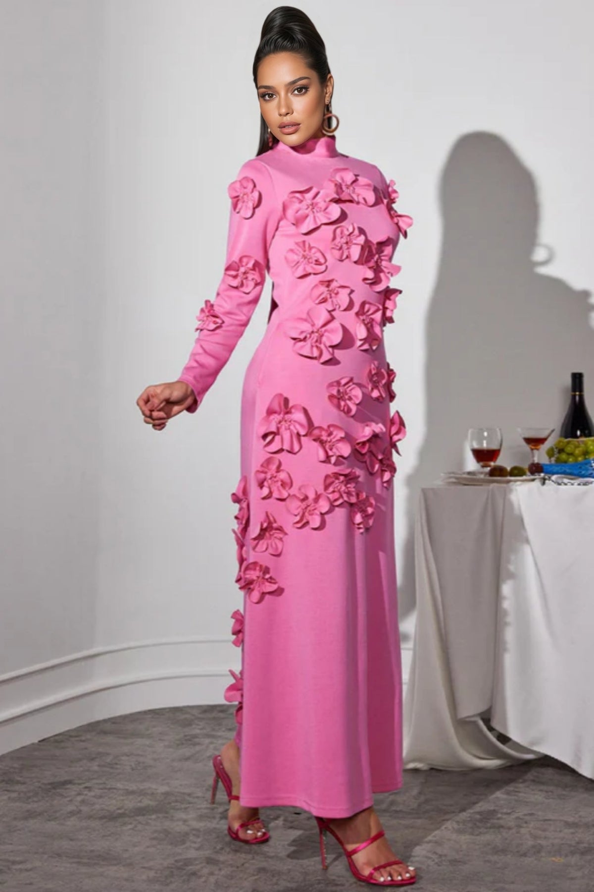 3D Floral High Neck Long Sleeve Maxi Dress - View 3