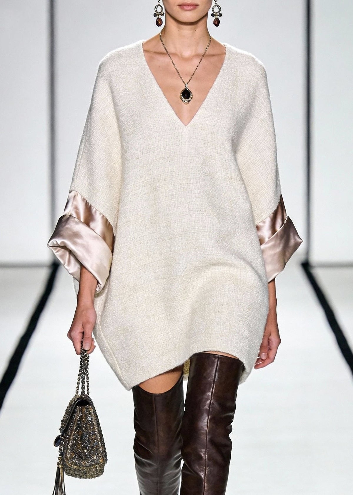 V-Neck Satin Turned Up Cuff Boucle Woven Oversized Tunic Mini Dress