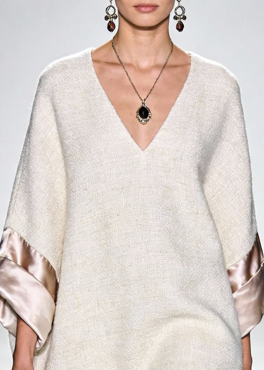 V-Neck Satin Turned Up Cuff Boucle Woven Oversized Tunic Mini Dress - View 2