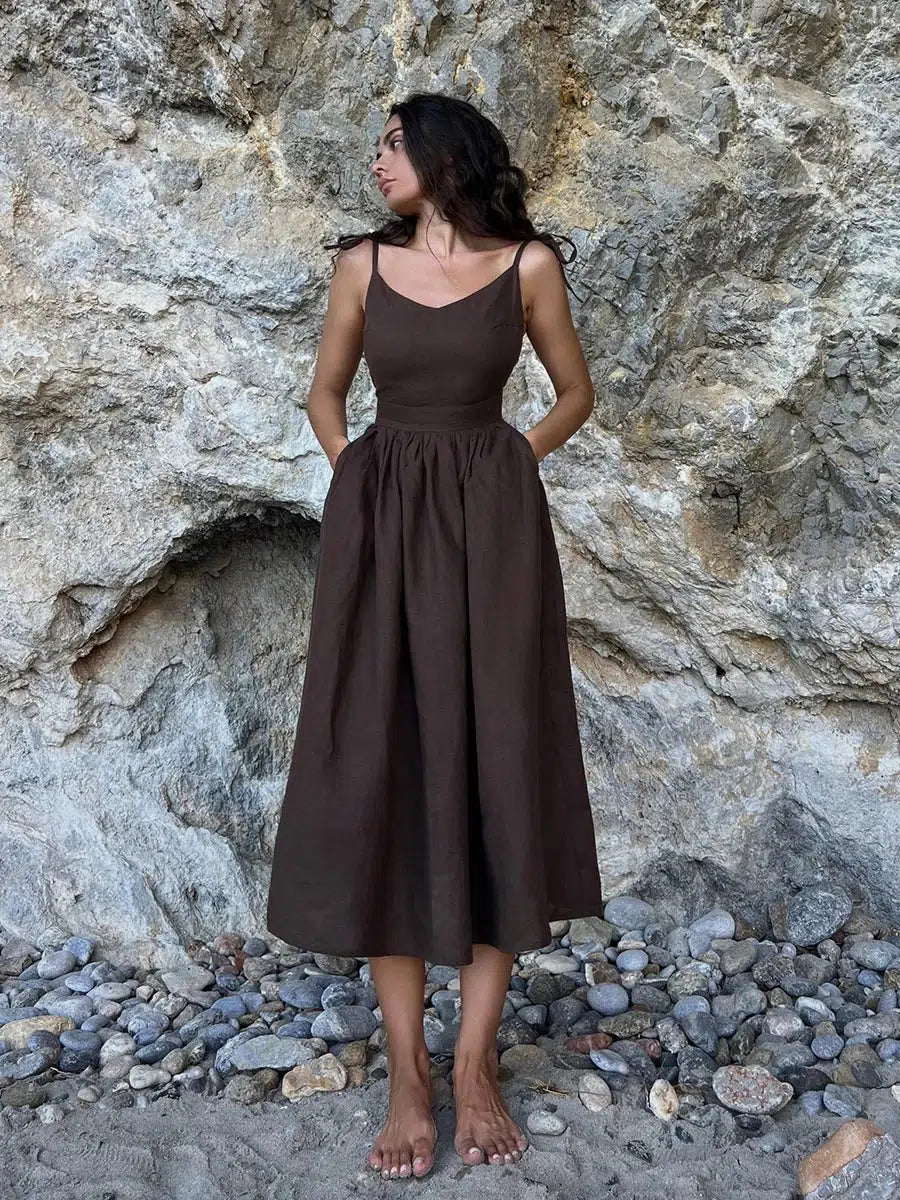 Linen V-Neck Open-Back Gathered A-Line Midi Dress 8