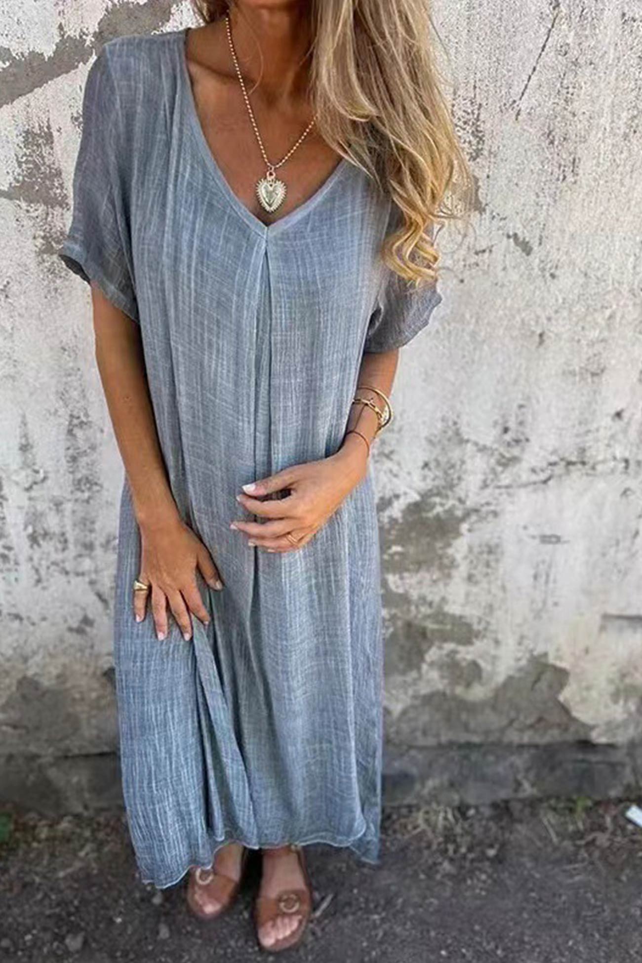 Cotton Solid V Neck Midi Dress
