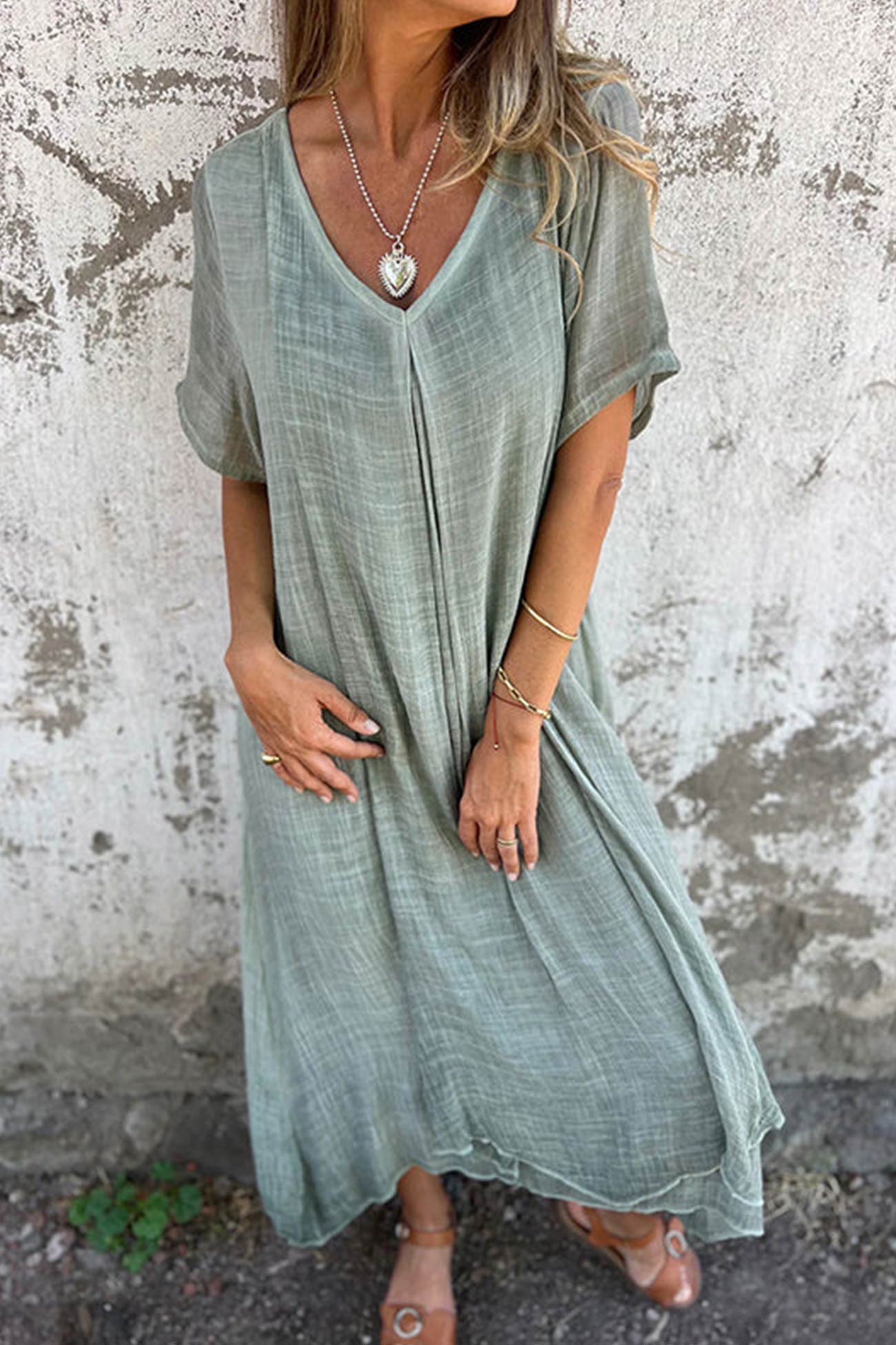 Cotton Solid V Neck Midi Dress