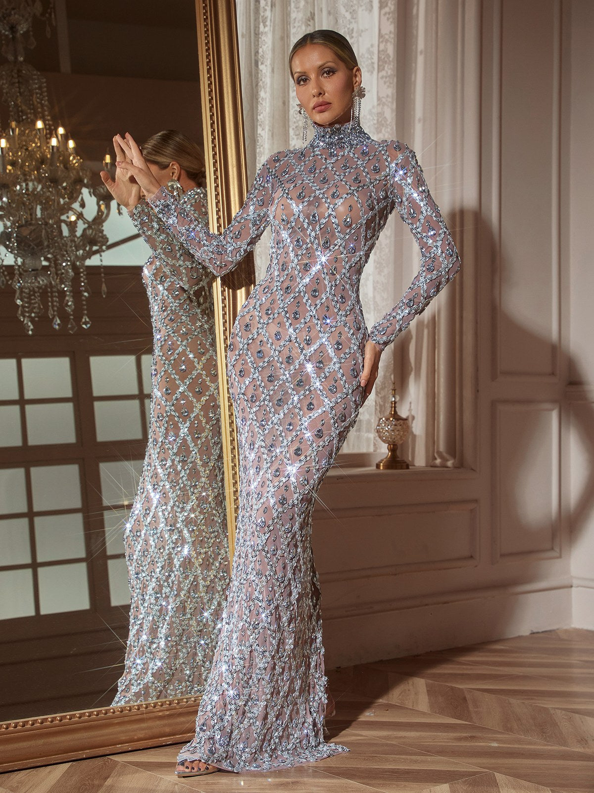 Sequin Crystal High Neck Long Sleeve Mermaid Maxi Gown - View 5