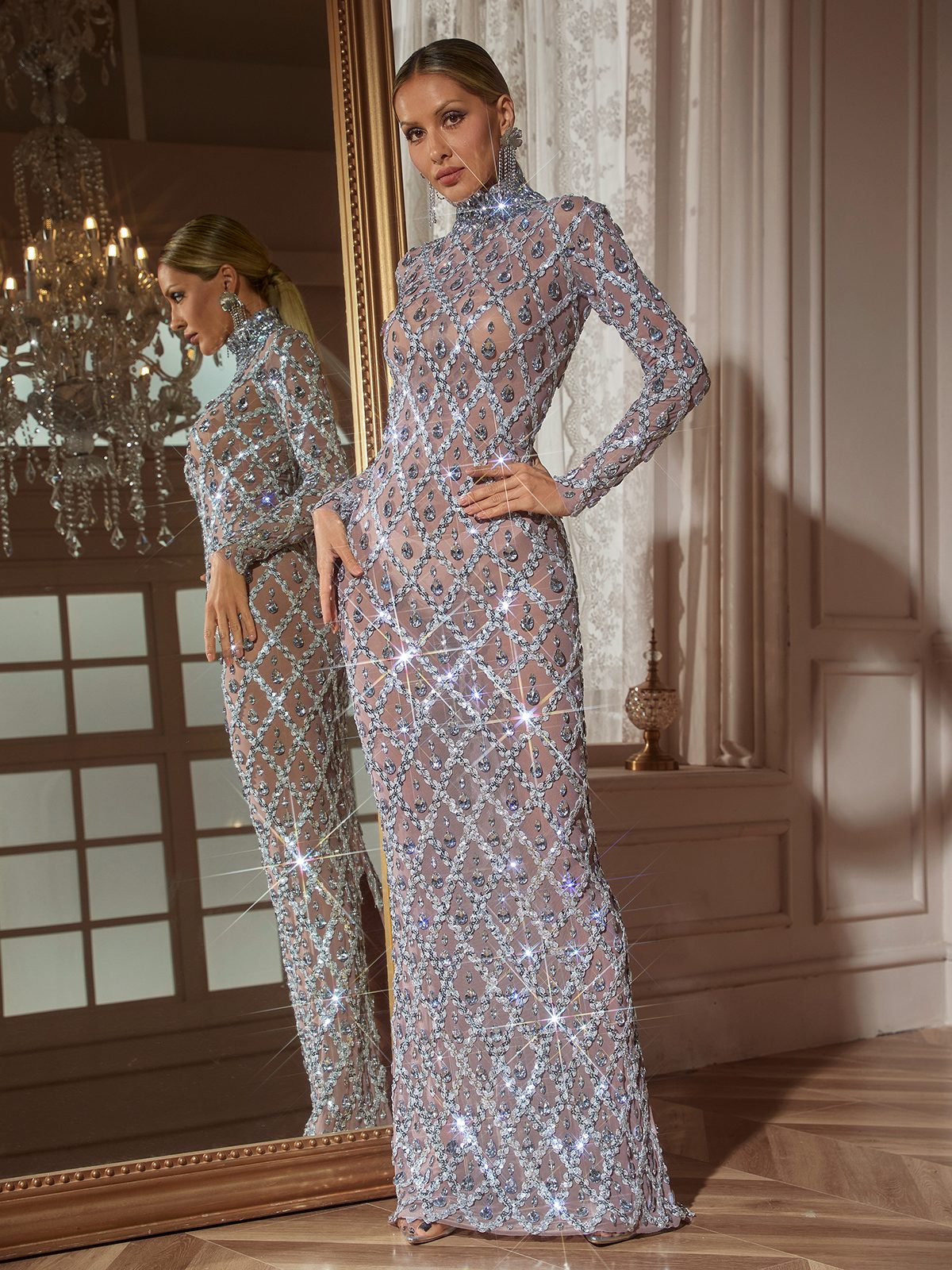Sequin Crystal High Neck Long Sleeve Mermaid Maxi Gown