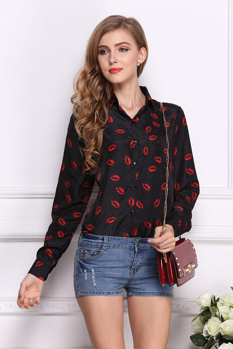 Lip Print Single Breasted Blouse - Mislish