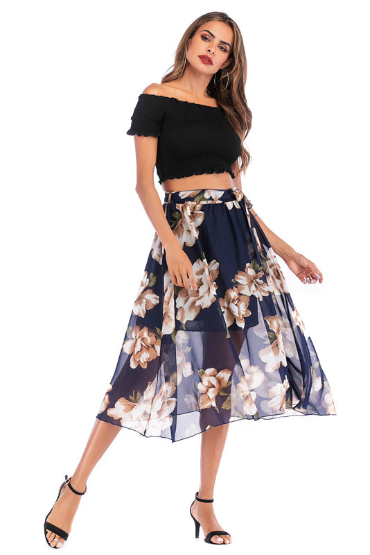 Elastic Waist Blue Floral Print Chiffon Skirt - Mislish