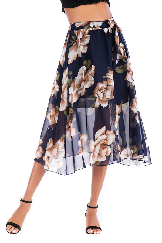Elastic Waist Blue Floral Print Chiffon Skirt