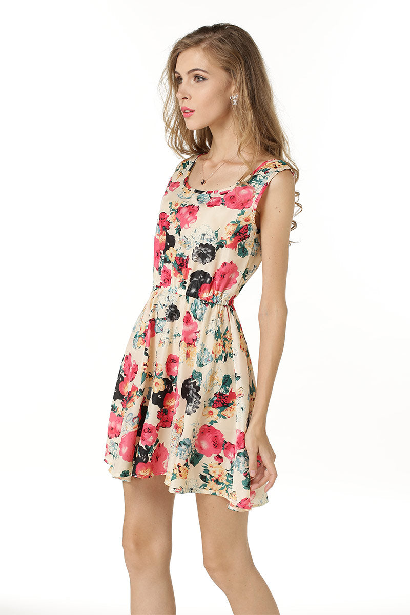 Little Fresh Floral Print Sleeveless Ruched Short Dress