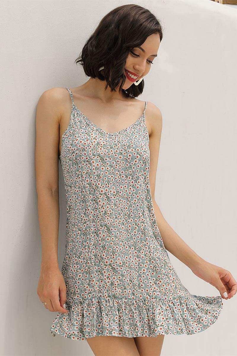 Little Fresh Floral Ruffled Spaghetti Straps Dress
