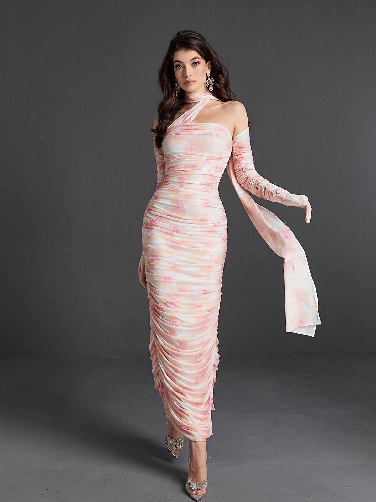 Floral Print One Shoulder Ruched Mesh Maxi Dress
