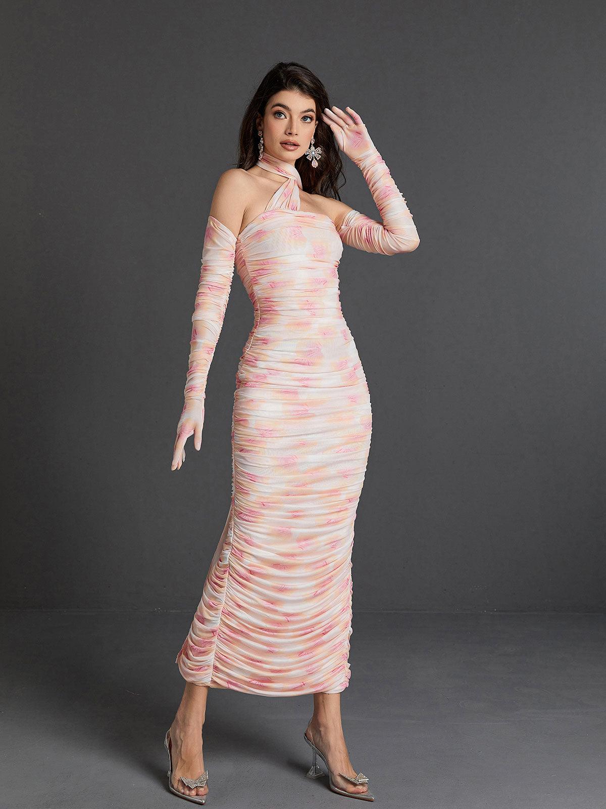 Floral Print One Shoulder Ruched Mesh Maxi Dress 2
