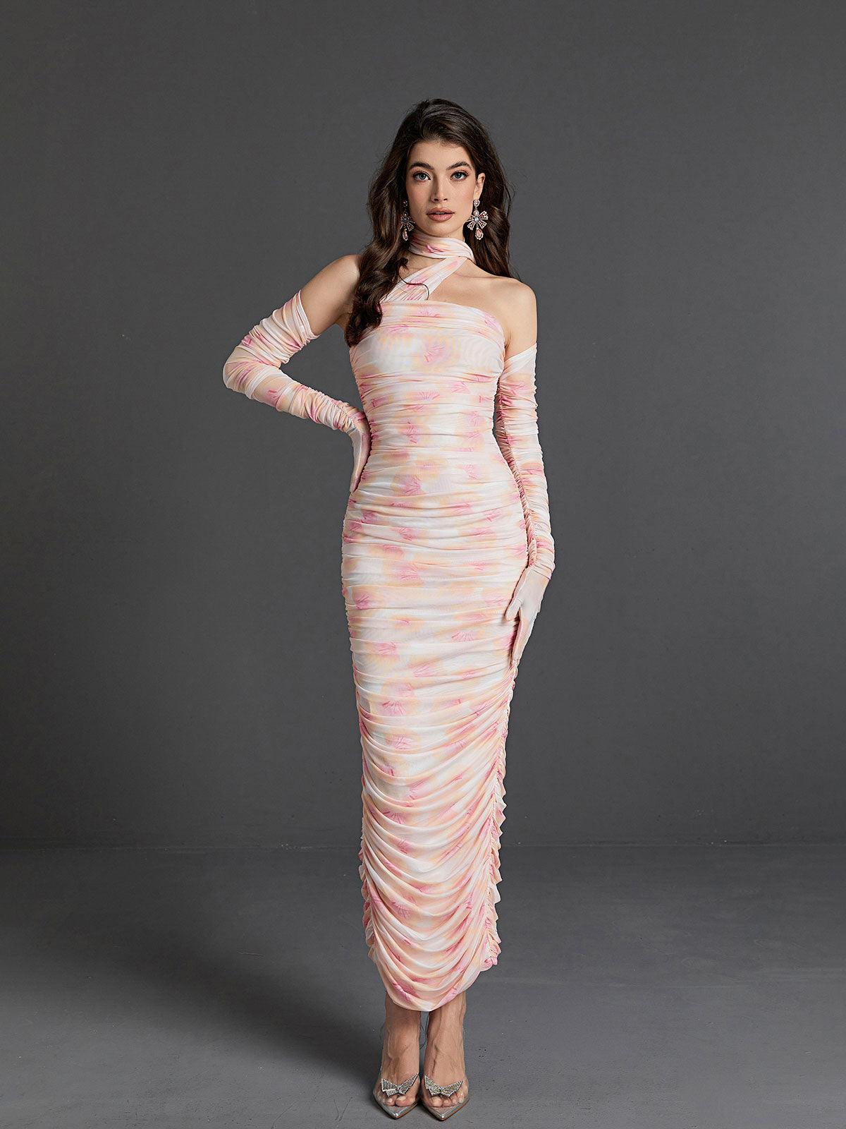 Floral Print One Shoulder Ruched Mesh Maxi Dress 3
