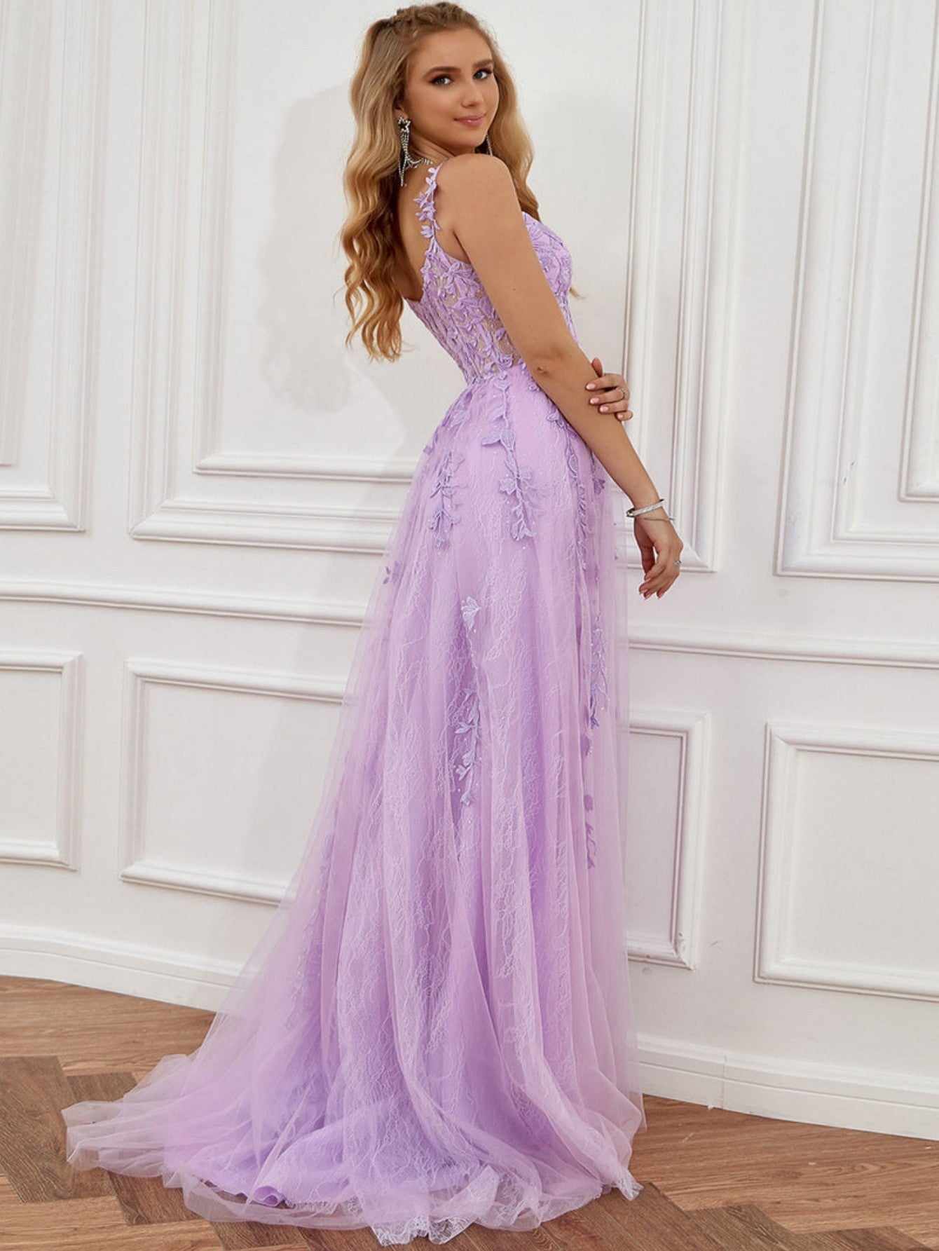 A Line Navy Straps Lace Long Prom Dress - Fashionpara