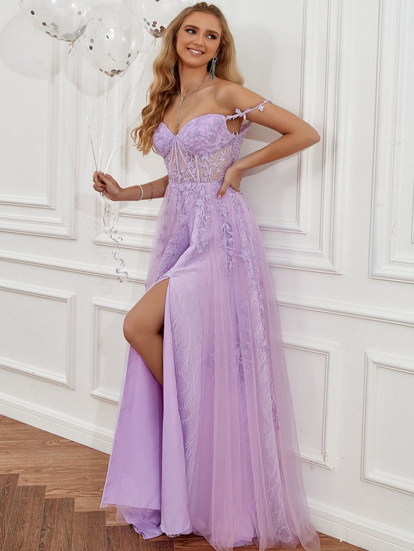 A Line Navy Straps Lace Long Prom Dress - Fashionpara