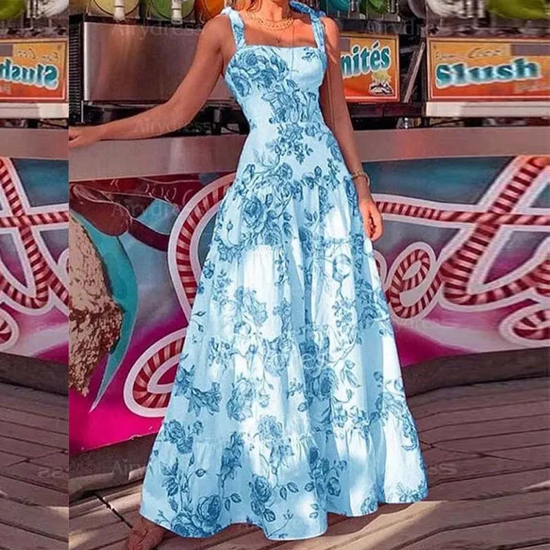 Floral Spaghetti Strap High Waist Maxi Dress