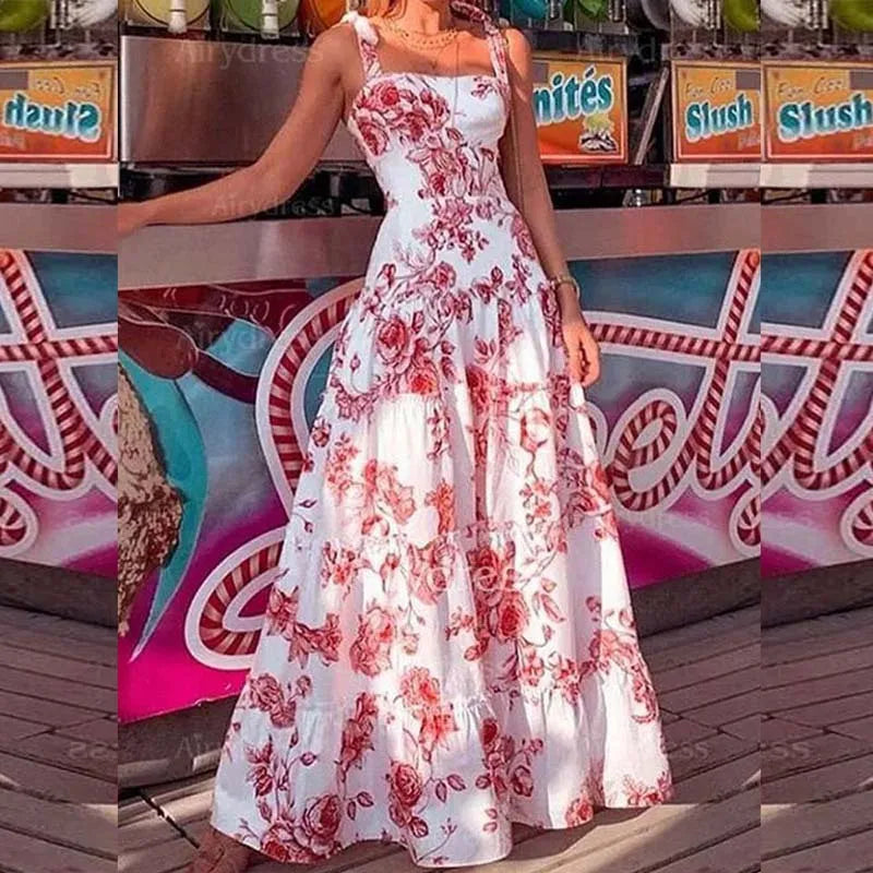 Floral Spaghetti Strap High Waist Maxi Dress