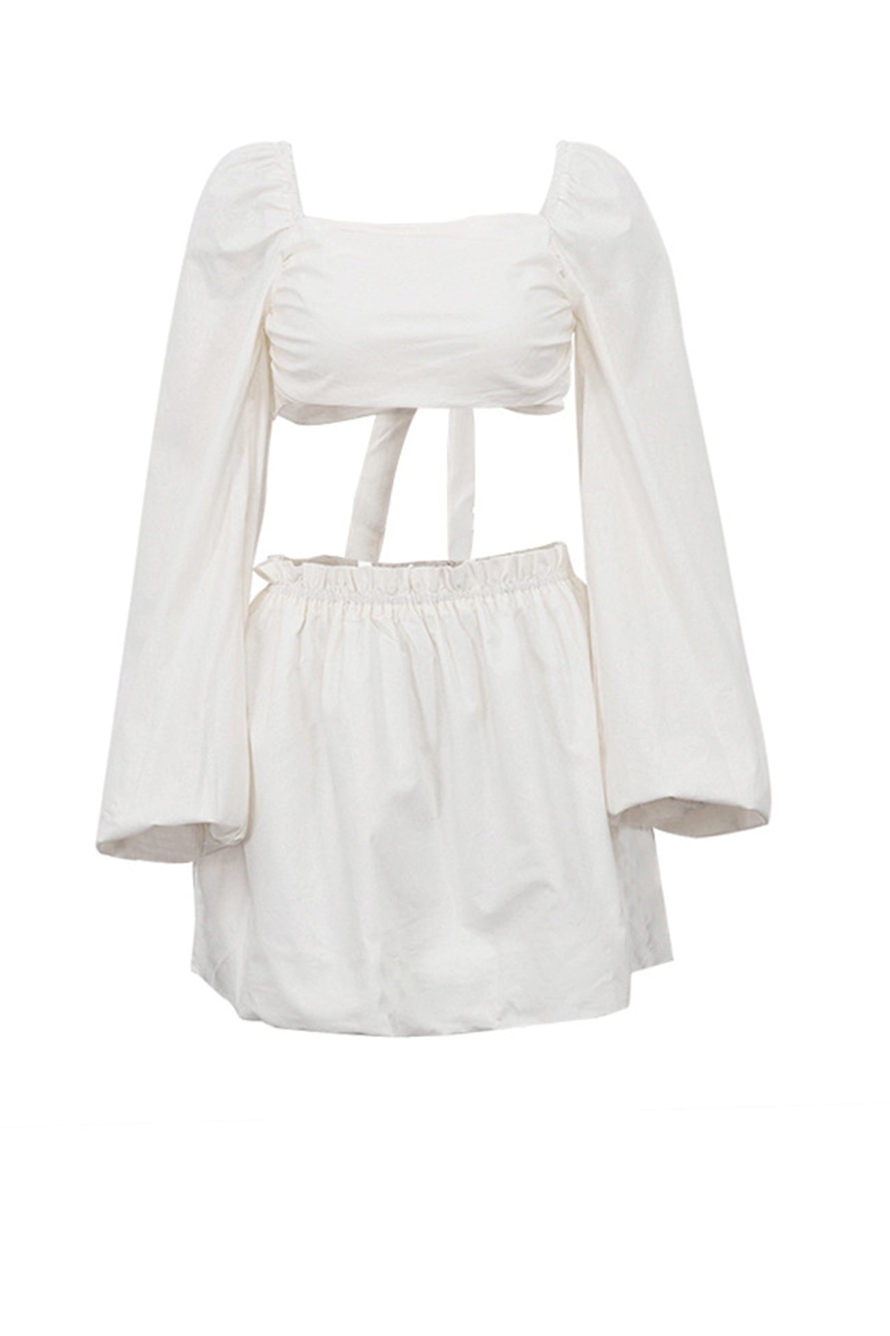 Long Puff Sleeve Ruched Crop Top Skirt Suits