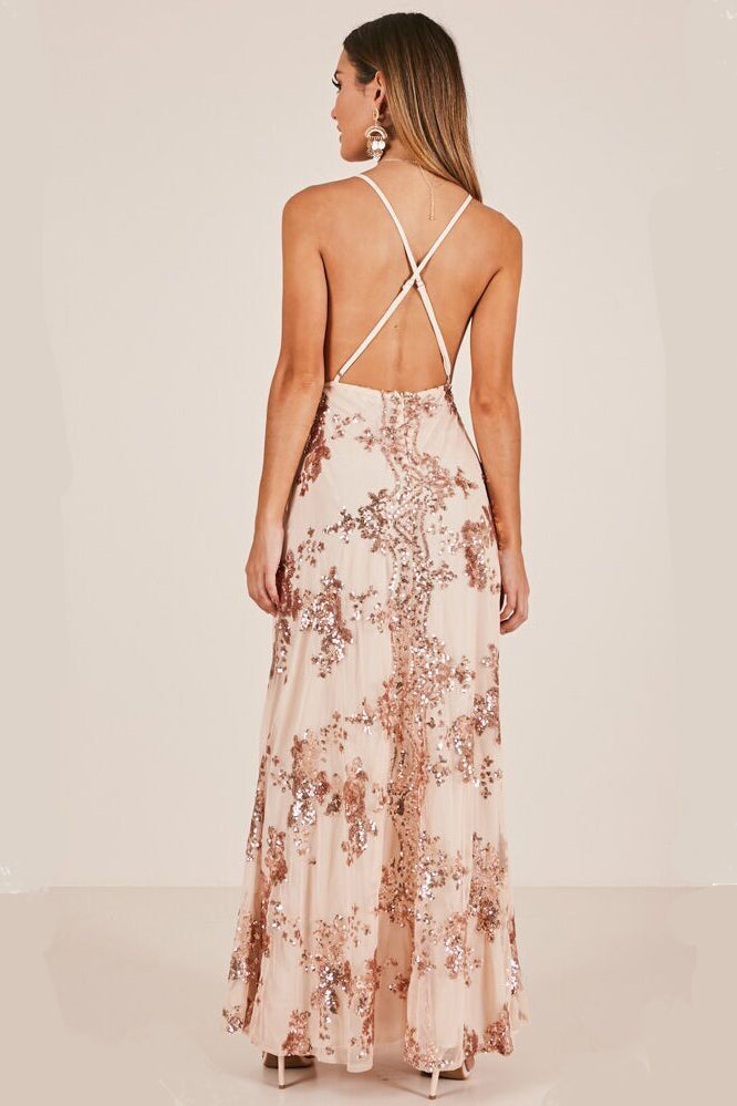 Long Sequined V-neck Crisscross Thigh-high Slit Prom Dress