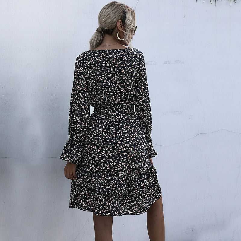 KittenAlarm - Long Sleeve Floral Chiffon Dress High Waist Black Pleated Dress Spring Autumn Fashion Dress